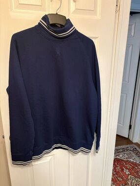 Lands' End Men's Navy Turtleneck Sweatshirt with White Stripe Trim